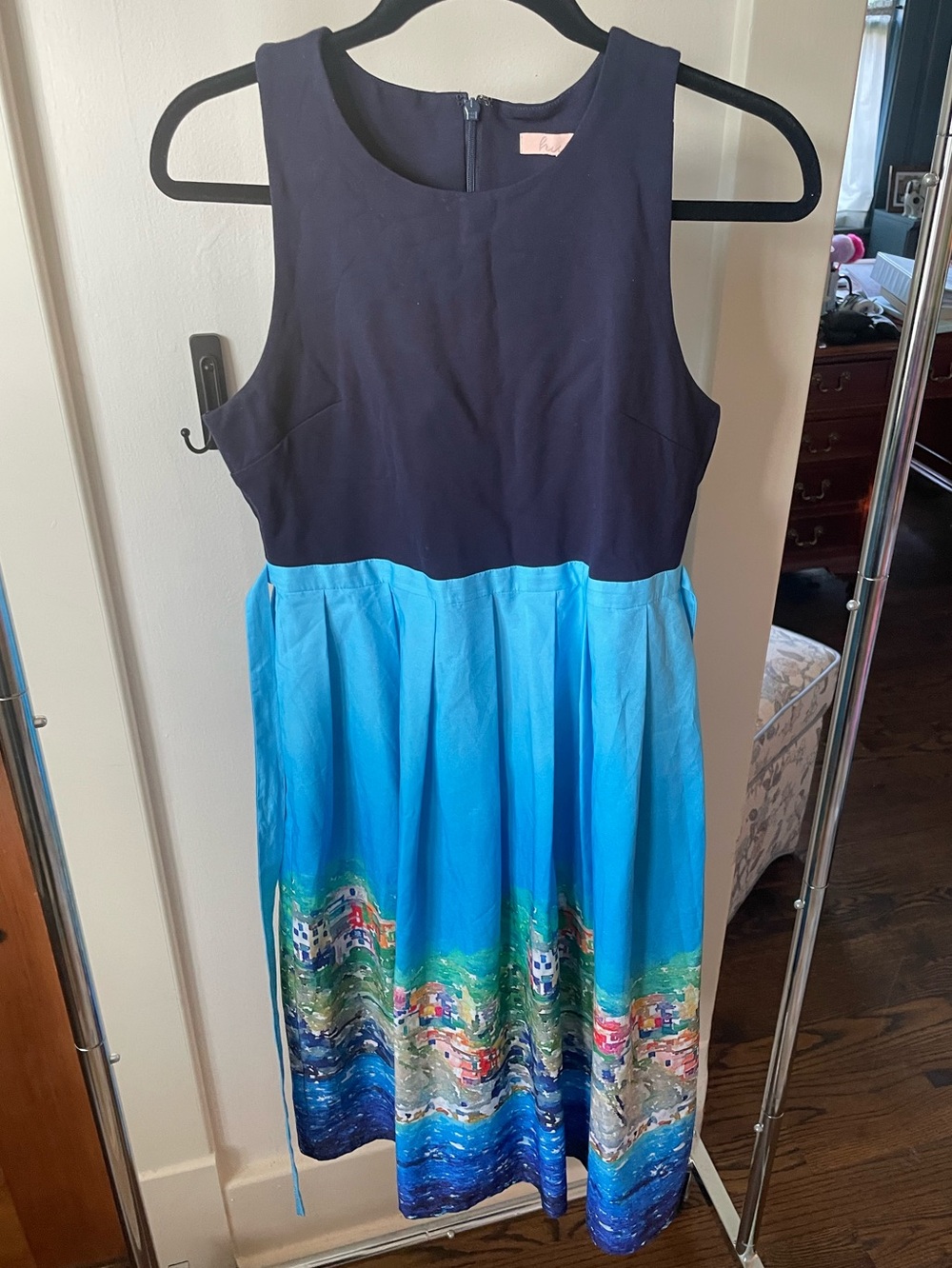 Anthropologie Sleeveless Navy and Bright Blue Printed Skirt Dress
